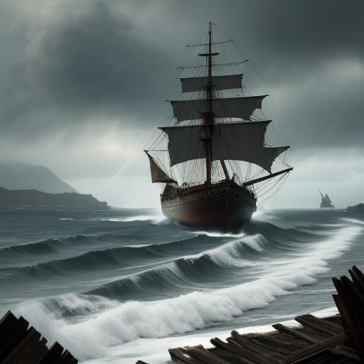Sailing Ship Wrecks Amidst Vibrant Stormy Sea