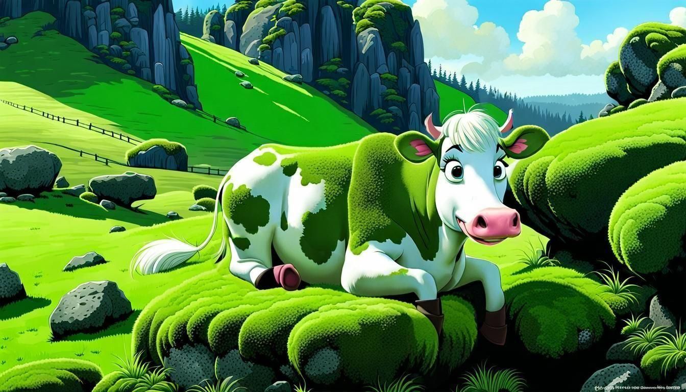 Mossy Cow in a Whimsical Farm Scene