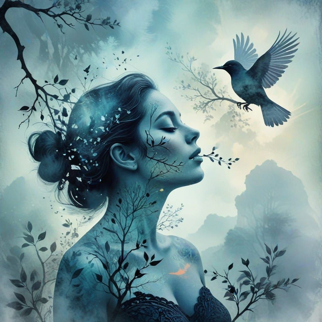 Dreamy Fantasy Mistmaiden with Singing Bird Landscape