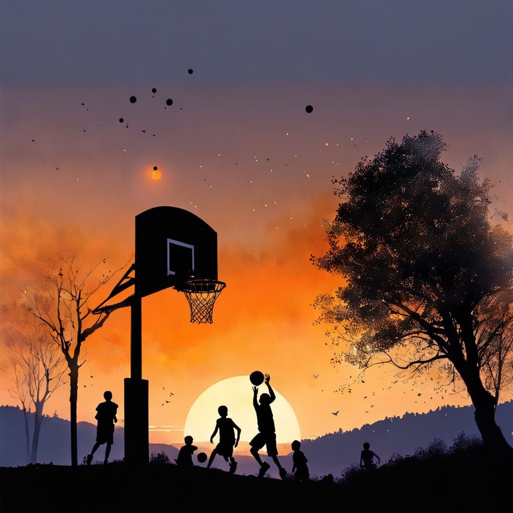 Basketball at Dusk: Expressive Watercolor Painting