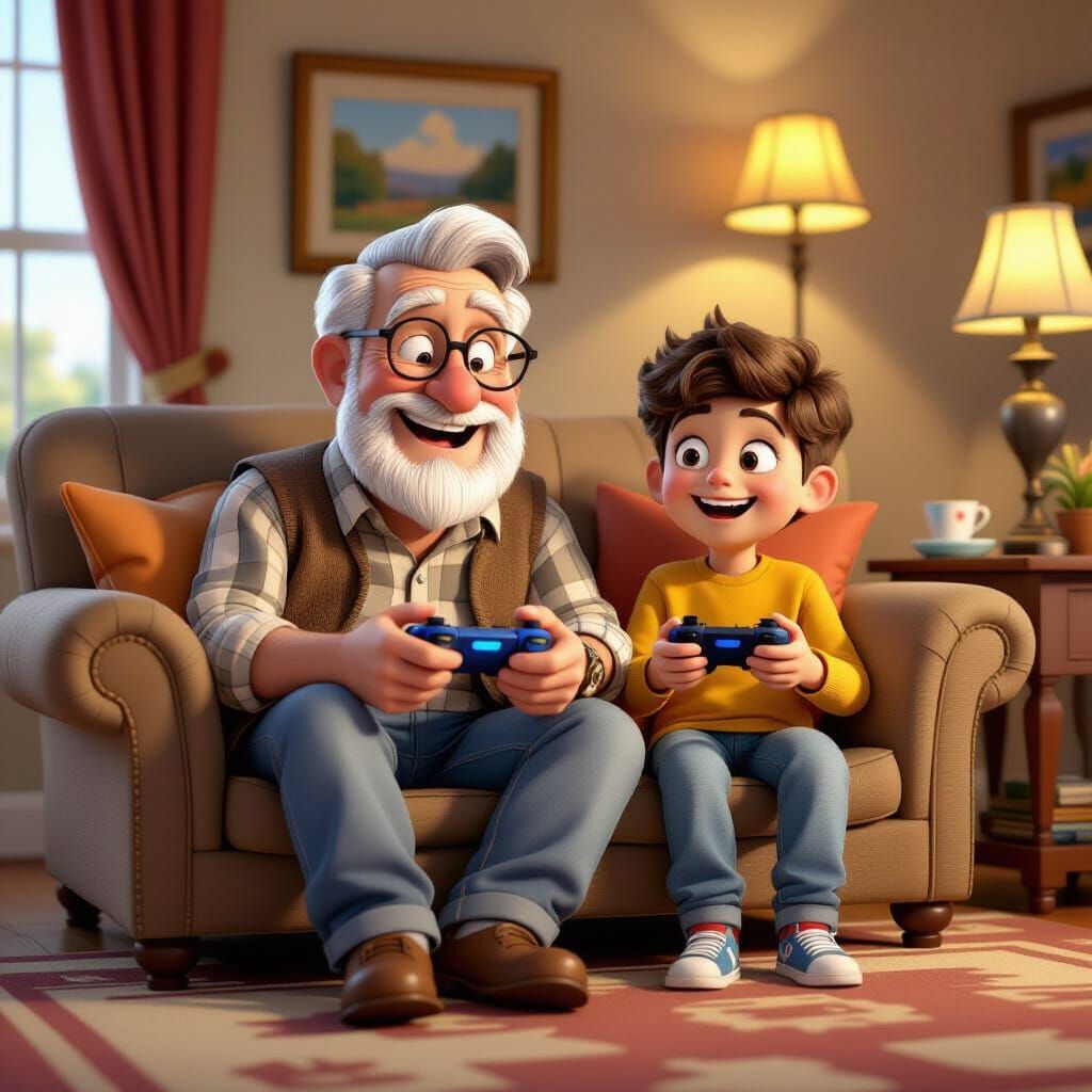 Grandfather and Grandson Playing Video Games as 3D Digital A...