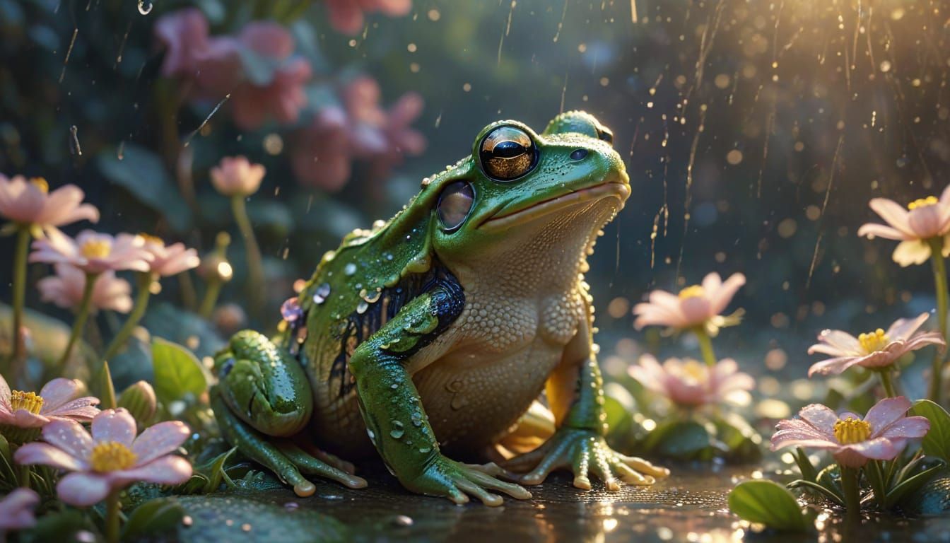 Frog in Floral Rain, Ethereal Thomas Kinkade Style