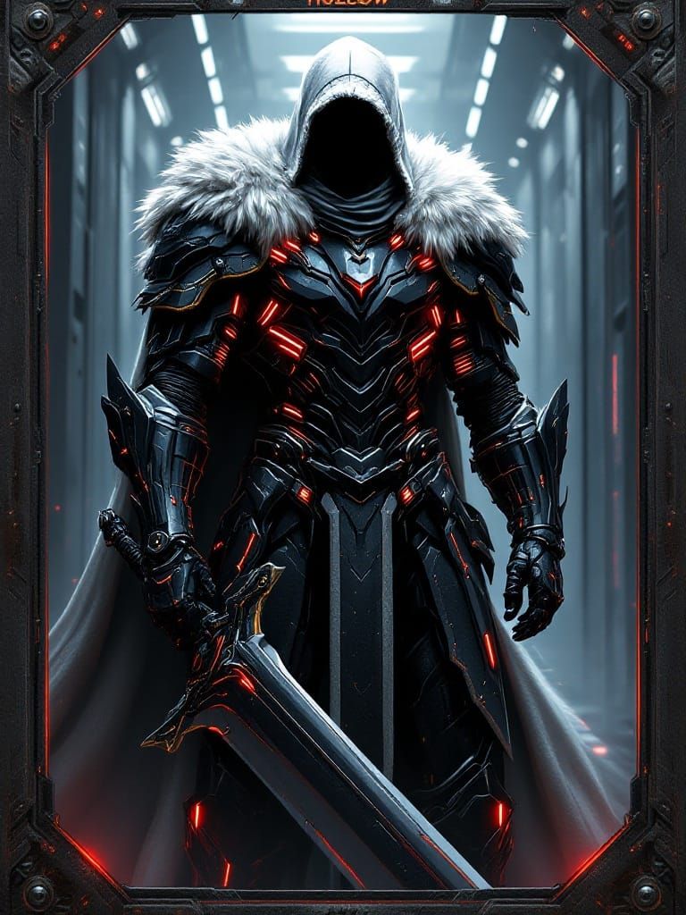Cyber Knight in Obsidian-Black Armor, with Red LED Glow and ...