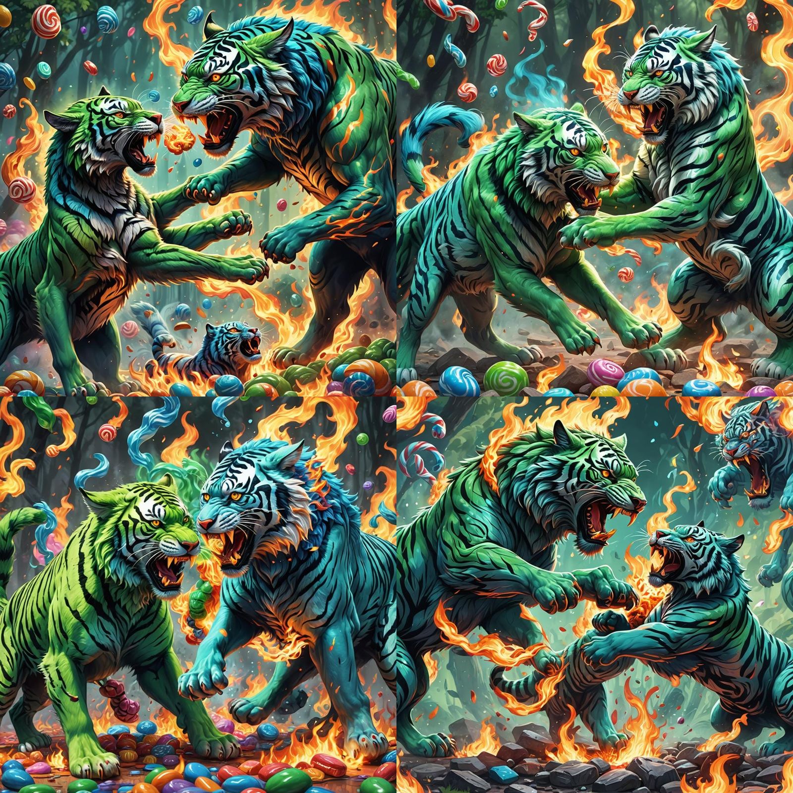Whimsical Candyland Battle: Green Wolf vs Flaming Blue Tiger