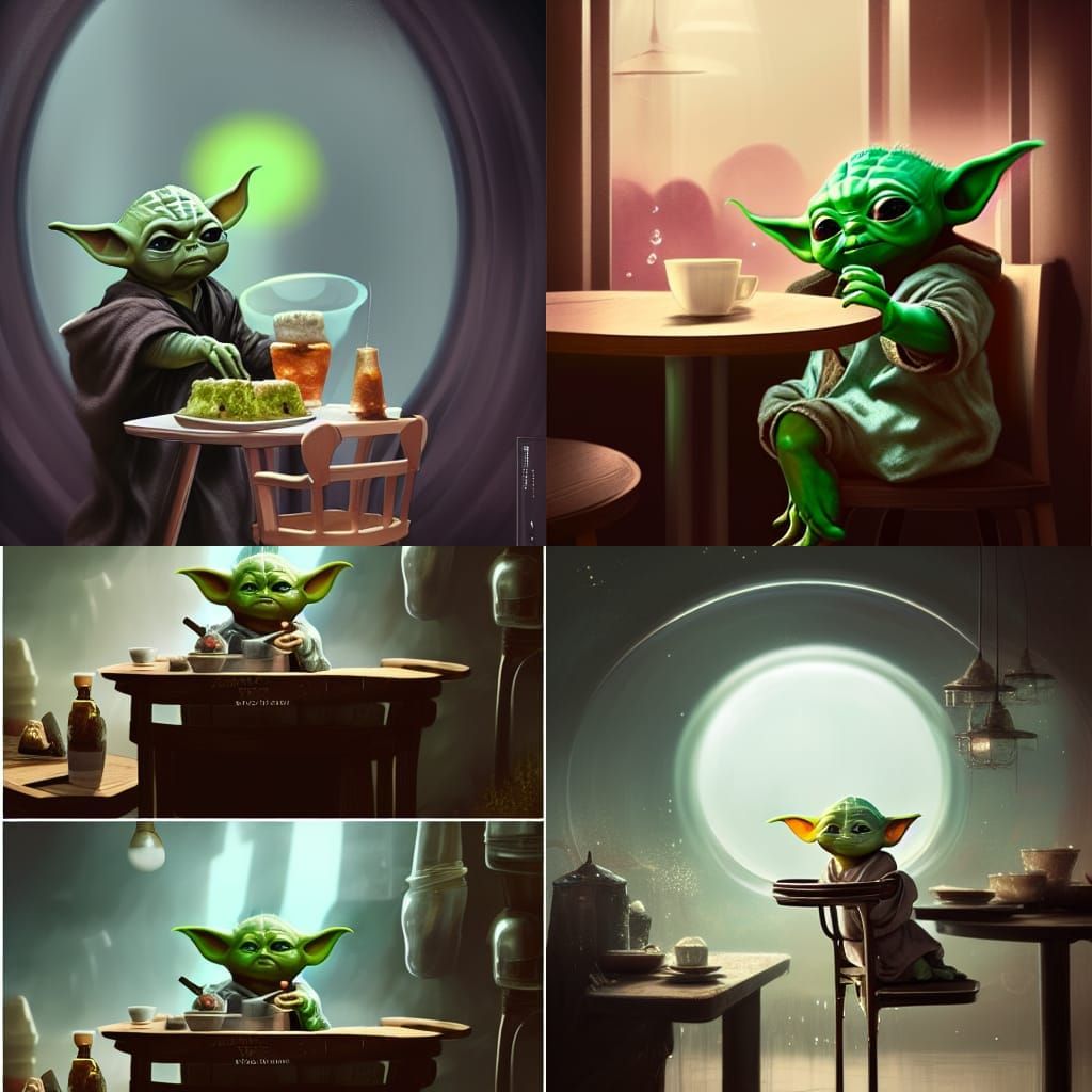 Fanciful Cafe Scene: Baby Yoda in Whimsical Wonderland