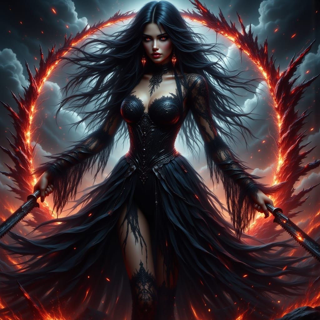 Gothic Goddess Bride with Saw in Anime Style