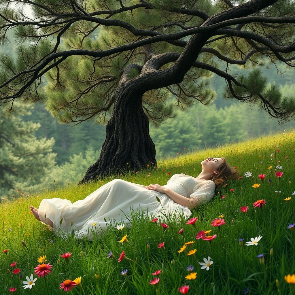 Ethereal Woman in Serene Forest Glade