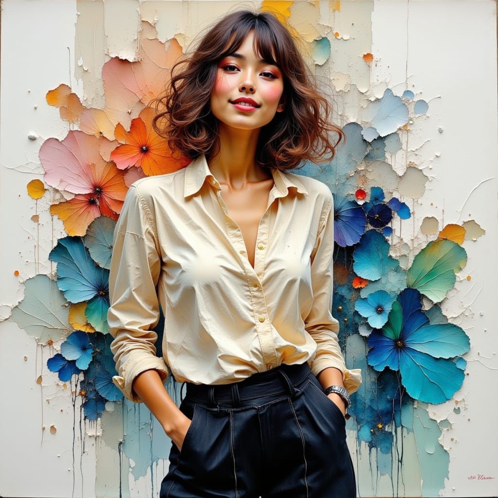 Woman Grinning in Cream Blouse, Oil and Alcohol Ink Style