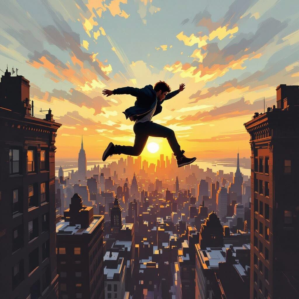 Man Leaps Between Buildings at Sunset