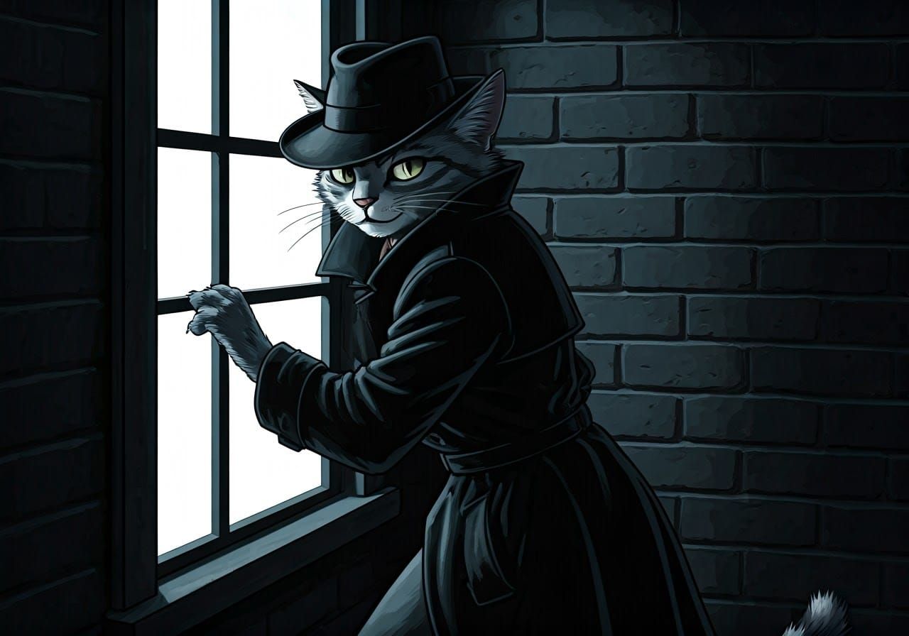 Tabby Cat Detective Sneaks into Bronx Building, Noir Illustr...