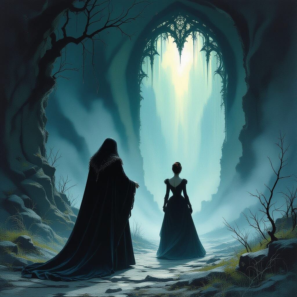 Orpheus Guiding Mortal Through Ethereal Landscape