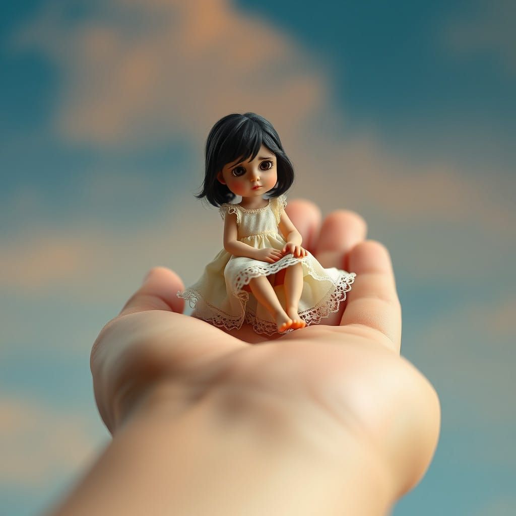 Miniature Girl in Gentle Hand, Fantasy Scene