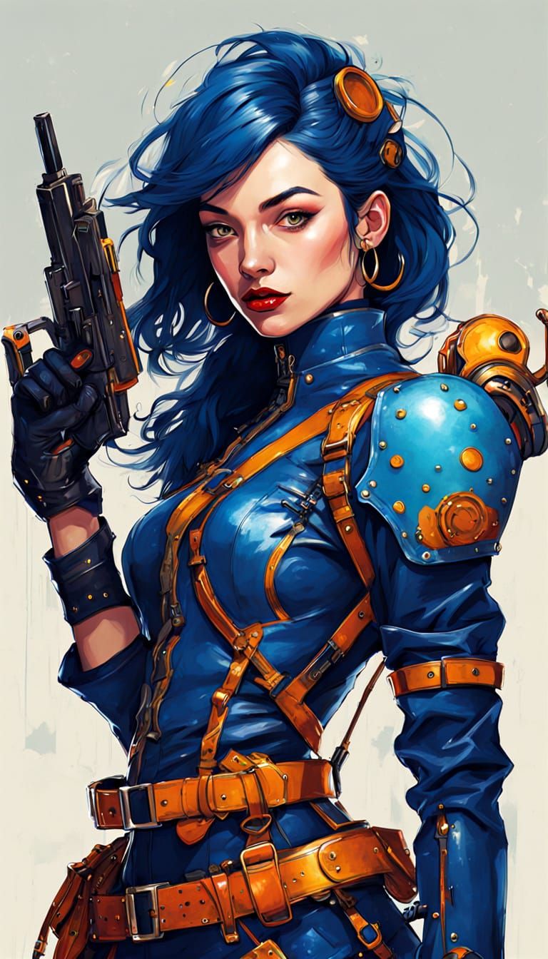 Cyberpunk Pin-Up in Metallic Blue Armor