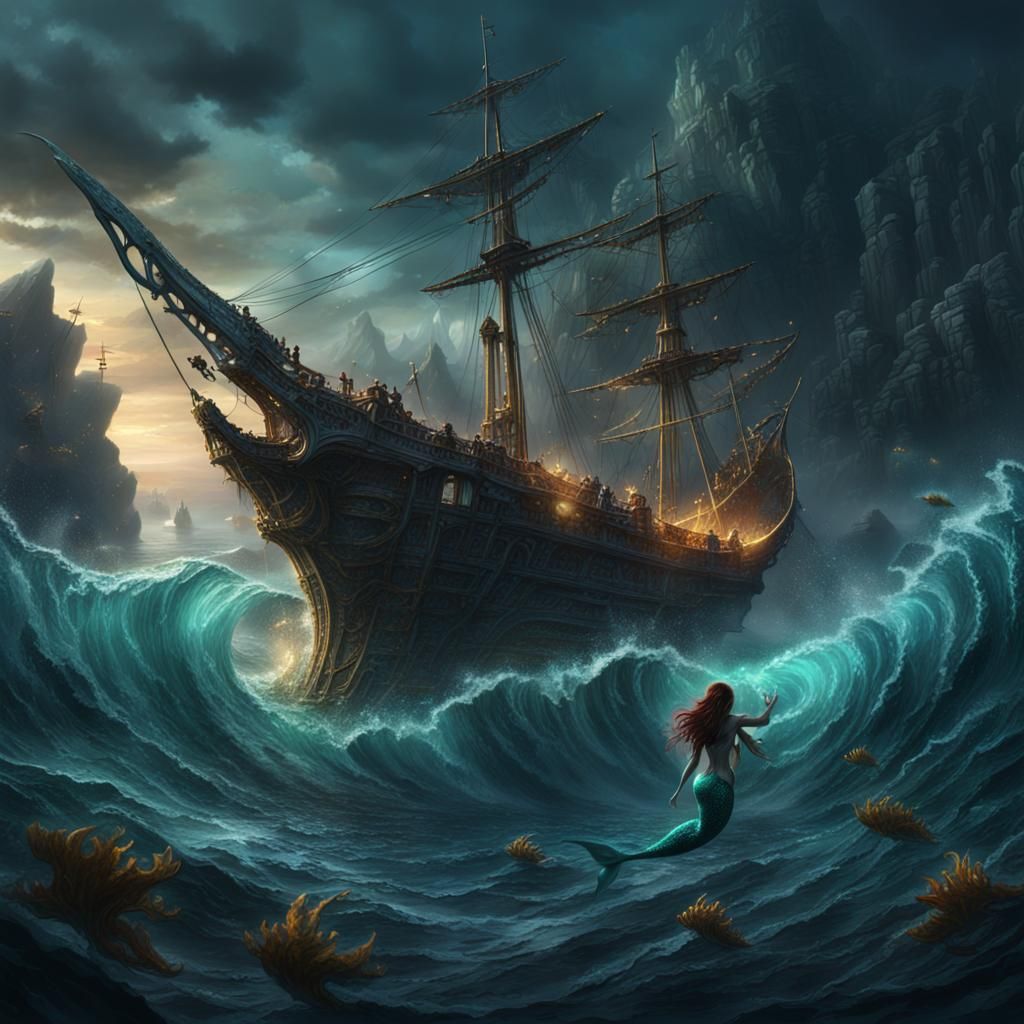 Mermaid Rescues Drowning Sailors in Dark, Mystical Sea