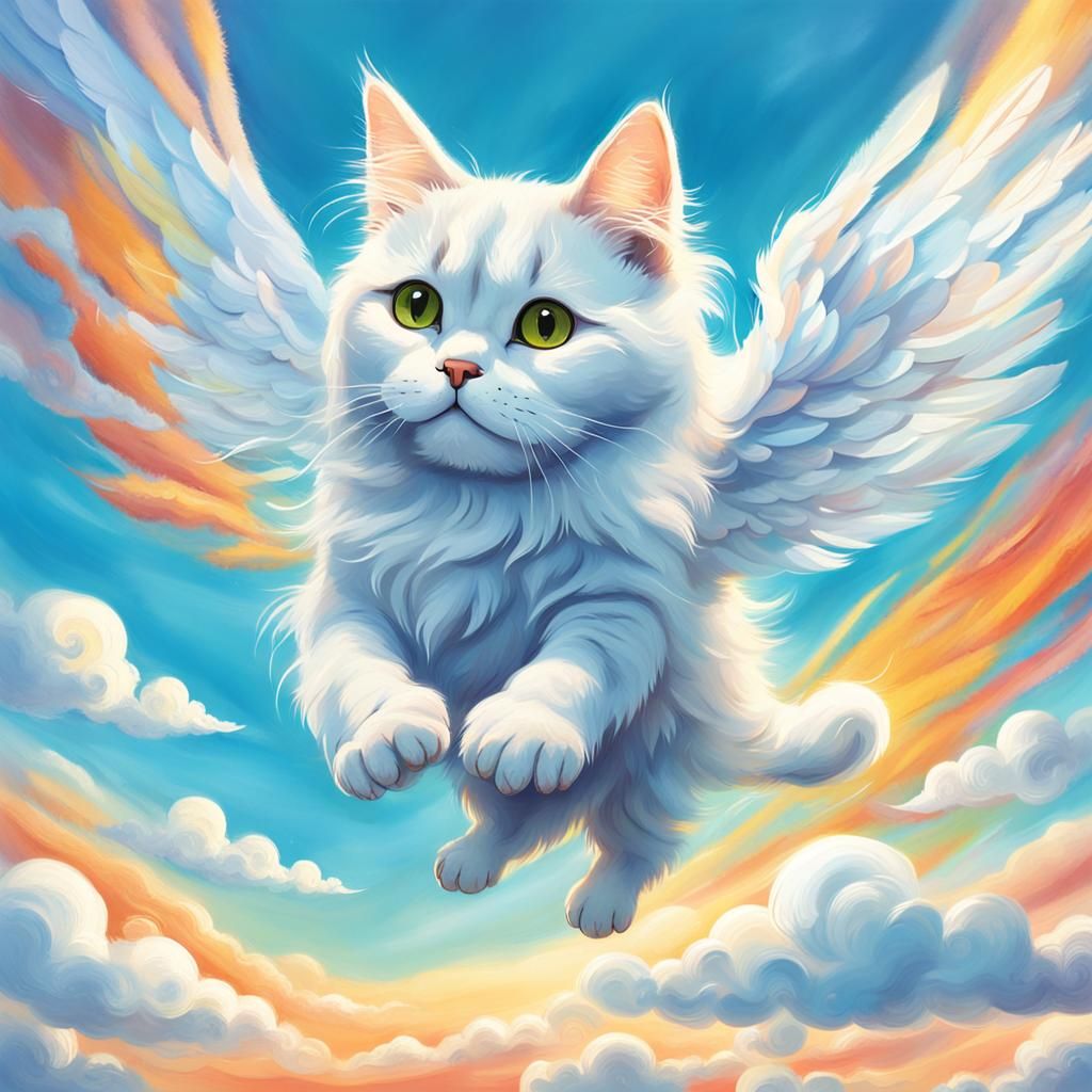 Whimsical Cat Soars on Angel Wings in a Bright Blue Sky