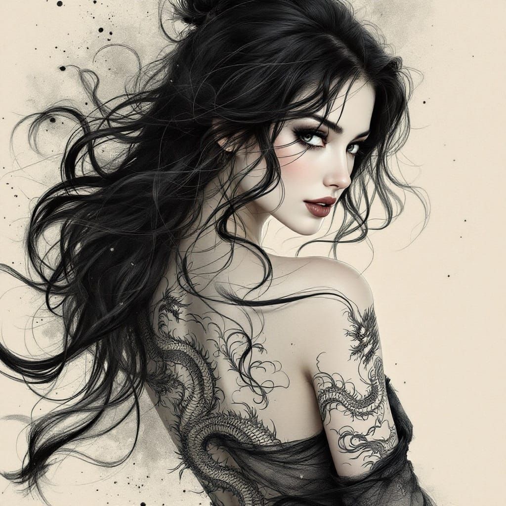 Dragon Tattooed Woman: Ikenaga Yasunari Style Portrait