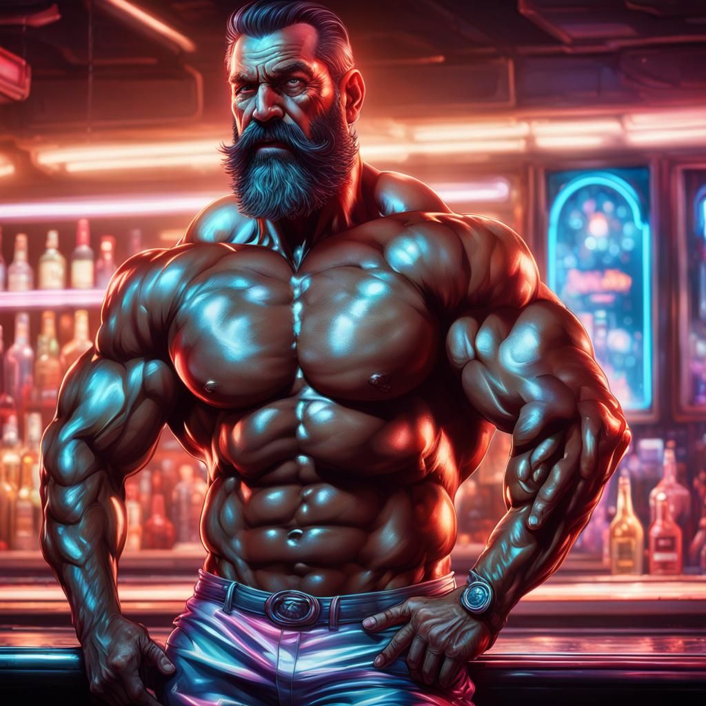 Hyperrealistic Bodybuilder in Neon Nightclub