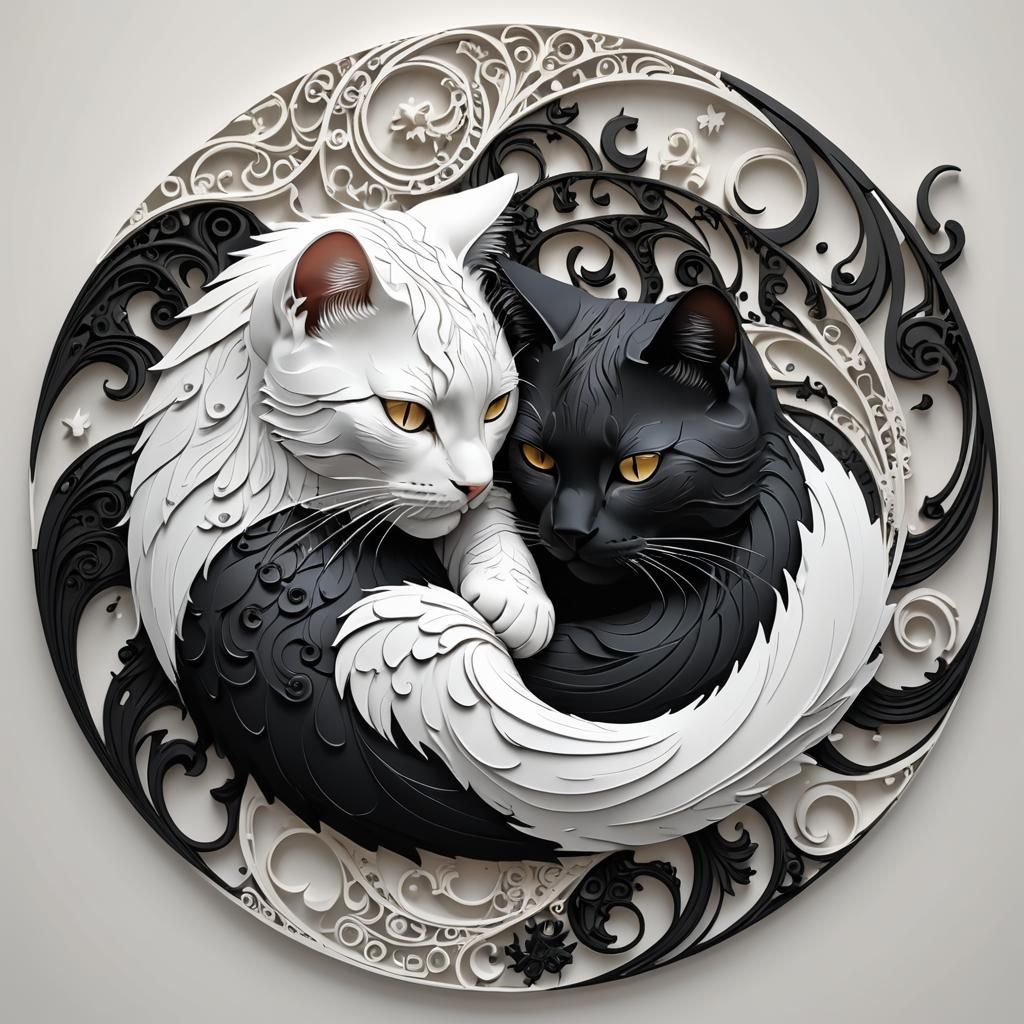 Sleeping Cats Form Yin-Yang Symbol in Elegant 3D Anime Art