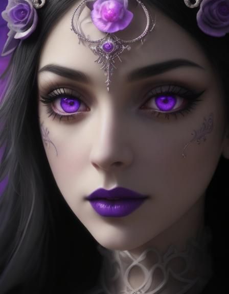 Angelic gothic beauty with long black hair and bright purple eyes with bright purple eyeshadow with black eyeliner and b...