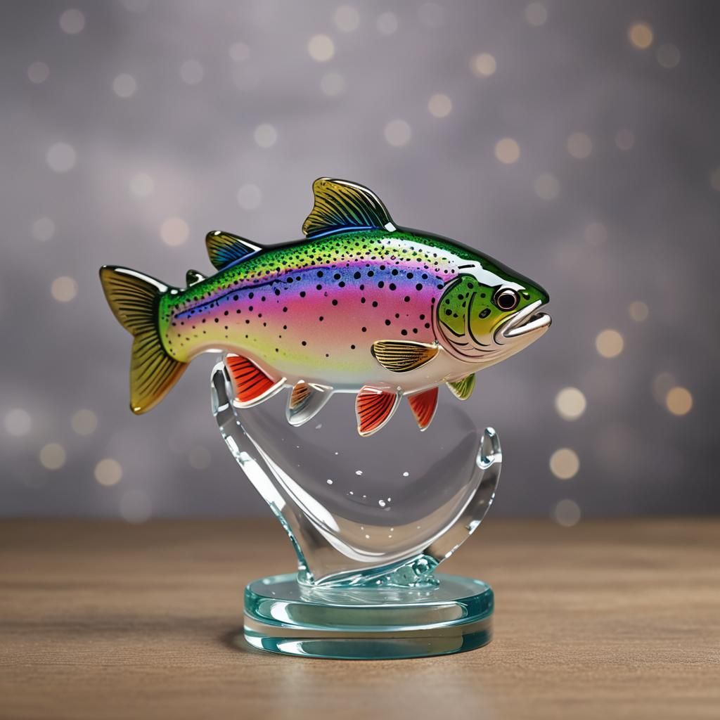 Trout Figurine in Complimentary Colors on Glass Stand