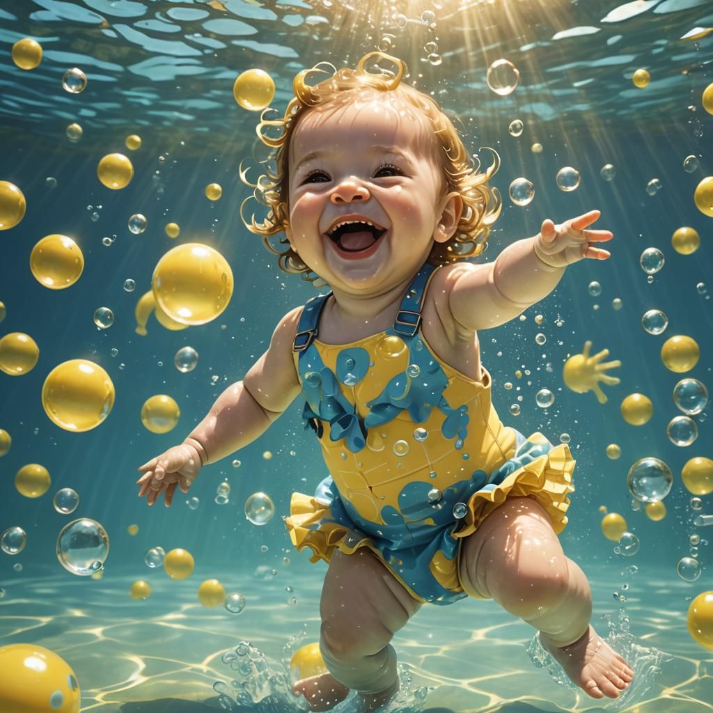 Sunny Girl Dives into Happy Waters in a Bright Yellow Swimmi...