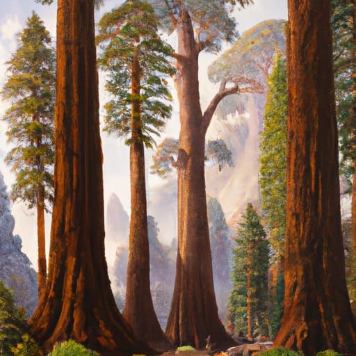 Vibrant Giant Sequoia Forest in a Whimsical Oil Painting Sty...