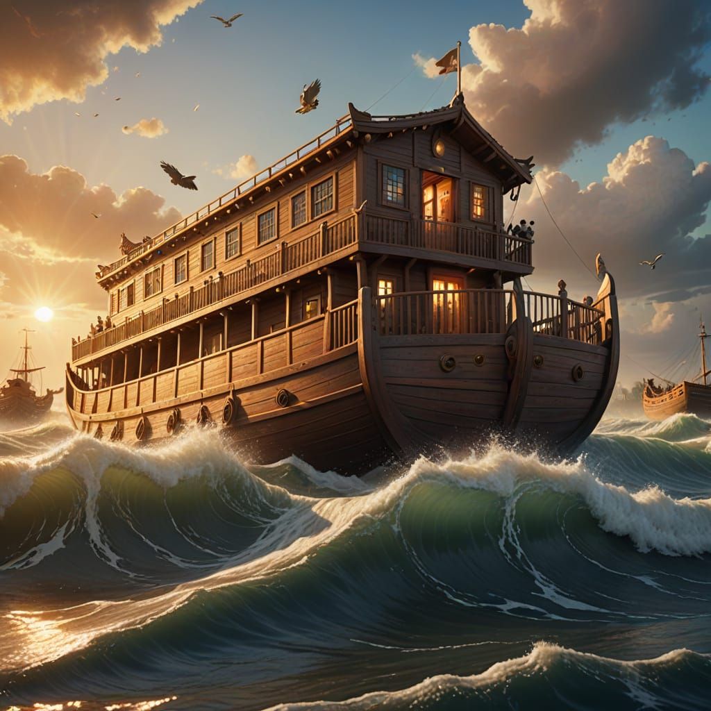 Photorealistic Noah's Ark Amidst Golden Hour Waves