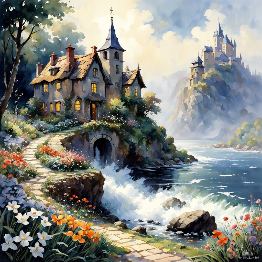 Dreamy Watercolor Scene of Fairy House in Whimsical Landscap...