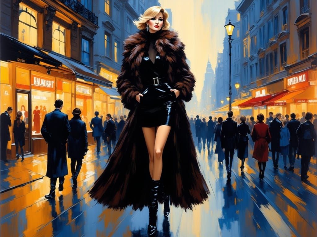 Woman in Fur Coat Posing on City Street at Twilight