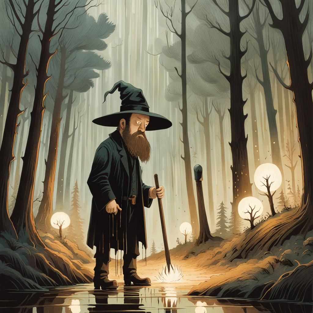 Eldritch Undertaker in a Moody Storybook Landscape