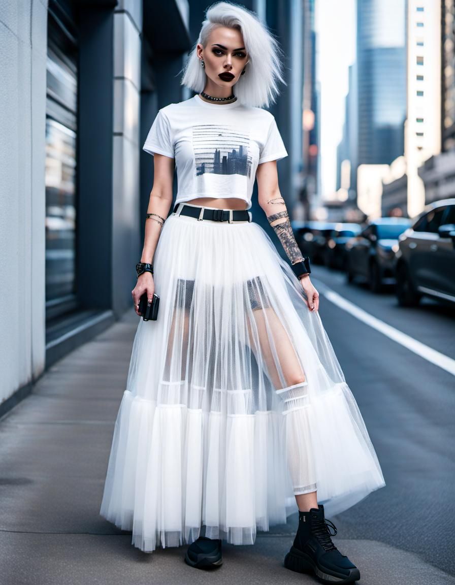 Cyberpunk Goddess in White Tulle and T-Shirt