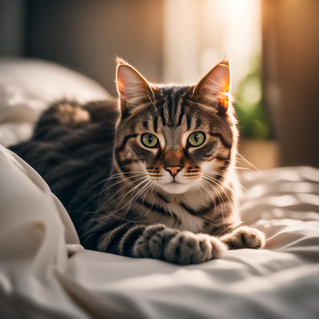 Adorable Feline on a Cozy Bed, Captured in Stunning DSLR Pho...