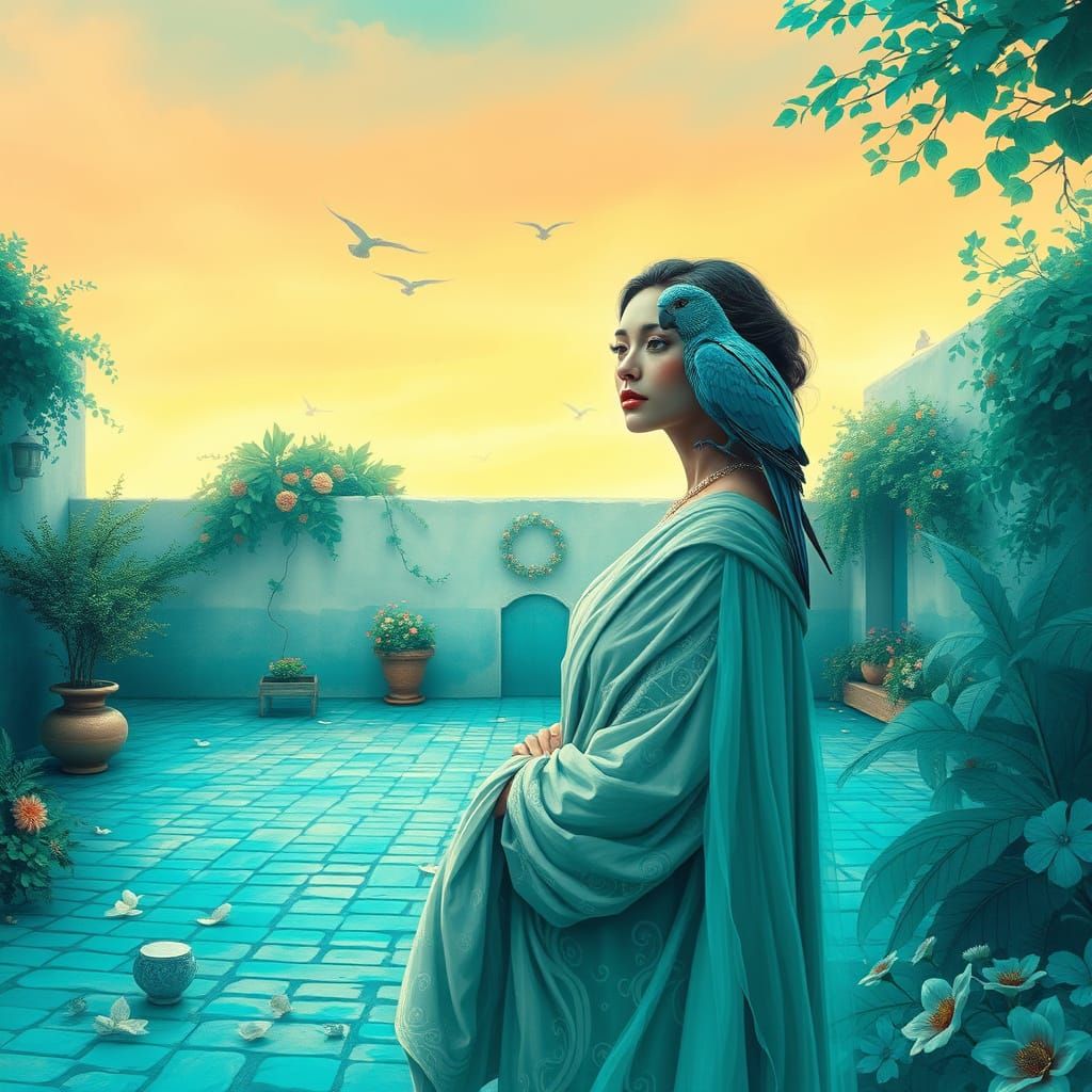 Ethereal Turquoise Goddess in Dreamlike Landscape
