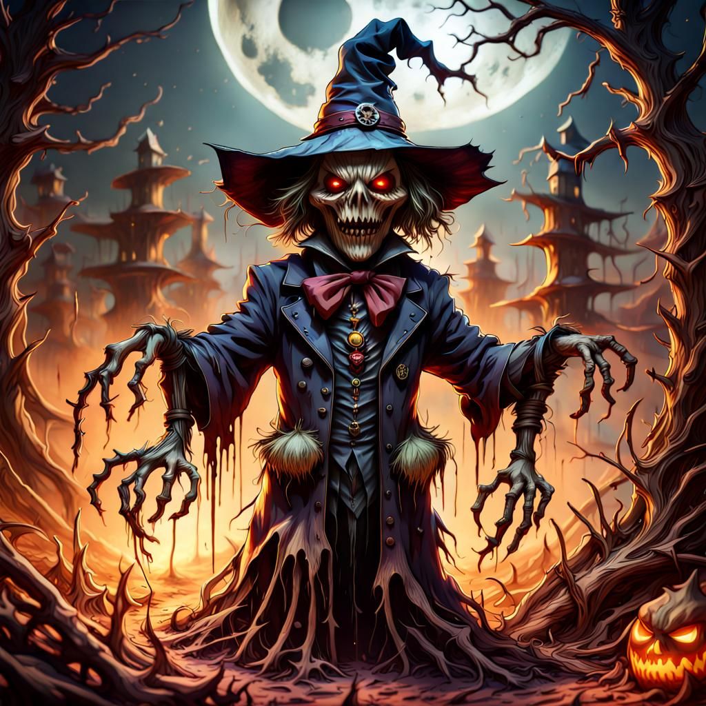 Mysterious Scarecrow Under Bright Moonlight in Hyperdetailed...