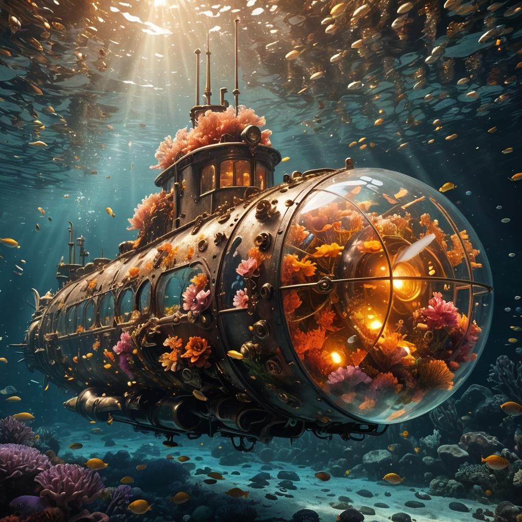 Steampunk Submarine in Crystal Clear Waters
