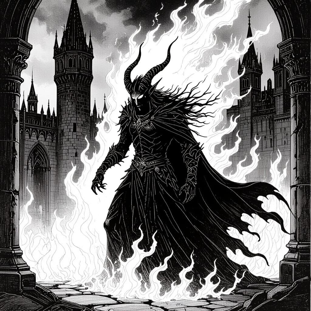 Demonic Elf Engulfed in Fire: Black and White Engraving