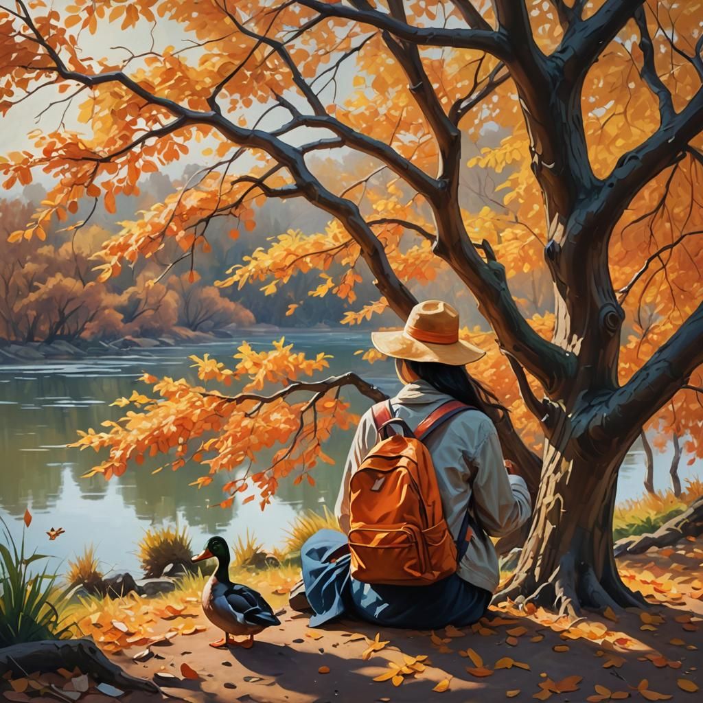 Impressionist Oil Painting of Asian Woman in Autumn Wonderla...
