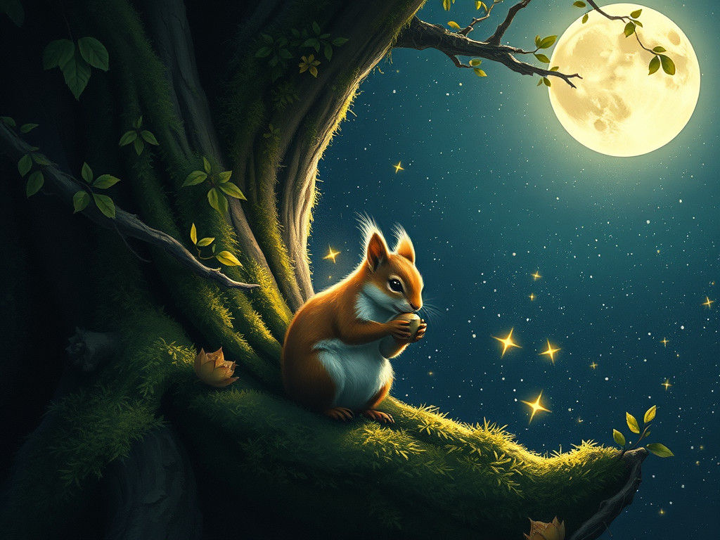 Whimsical Anime Squirrel Under Silvery Moonlight
