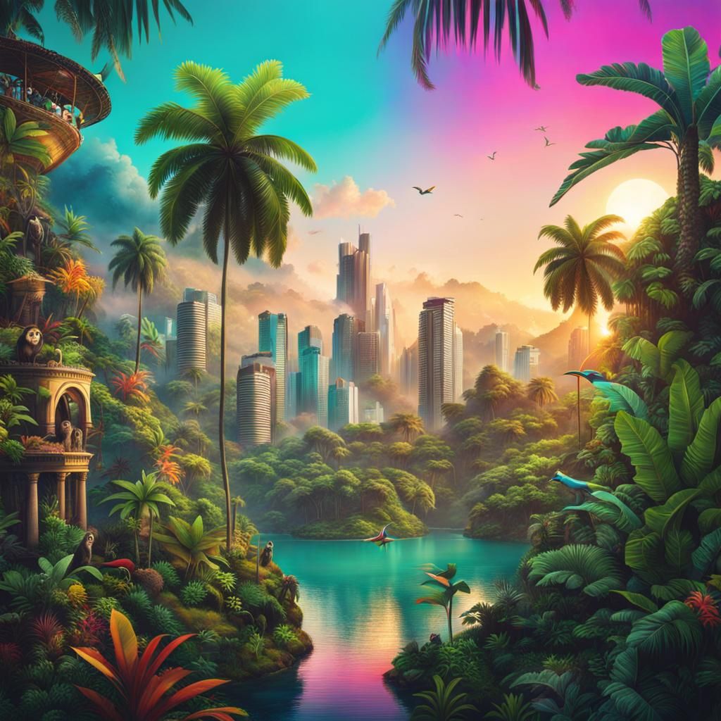 Vibrant Cityscape Meets Exotic Rainforest in a Futuristic Co...