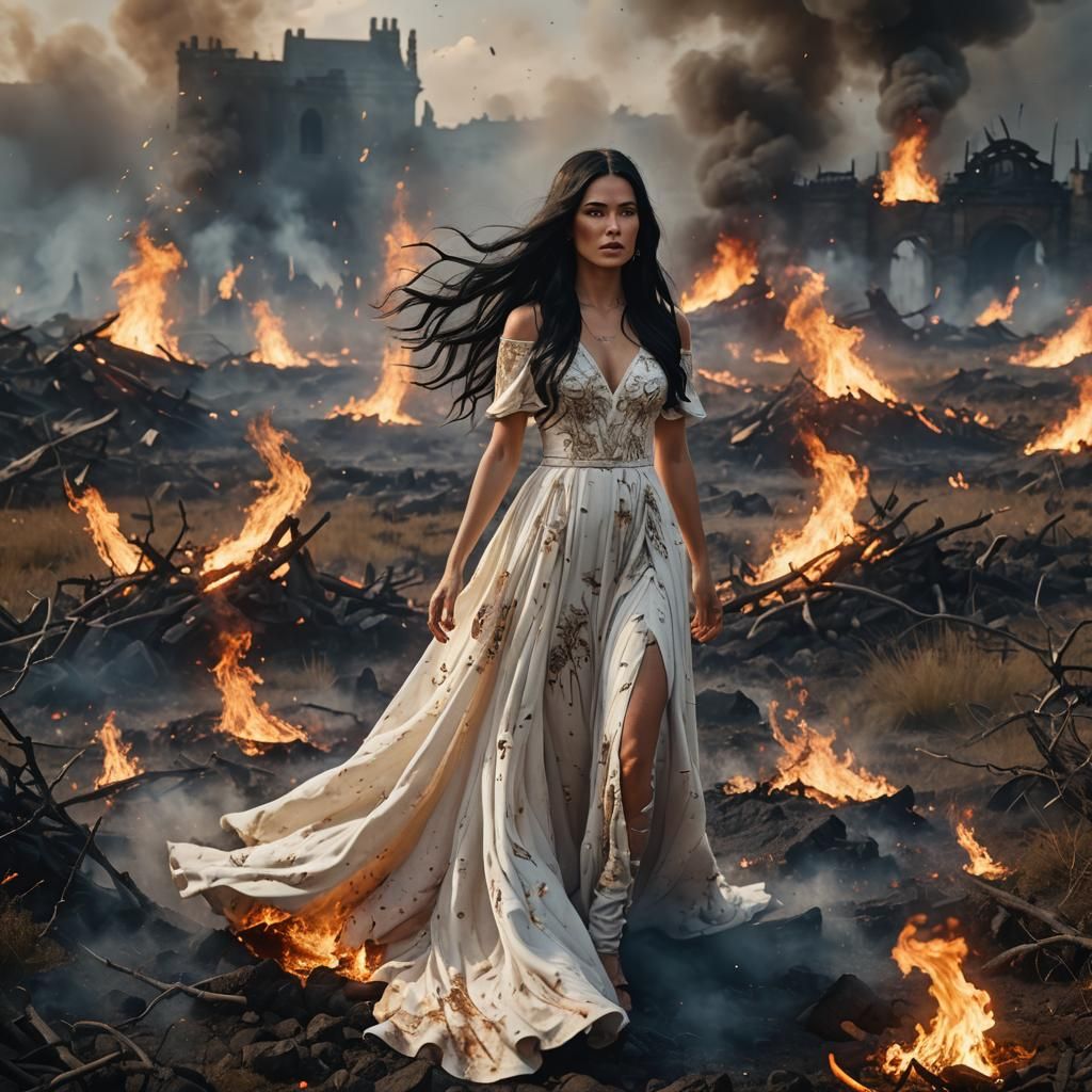 A Flaming Woman Rises from the Ashes in a Fantastical Field