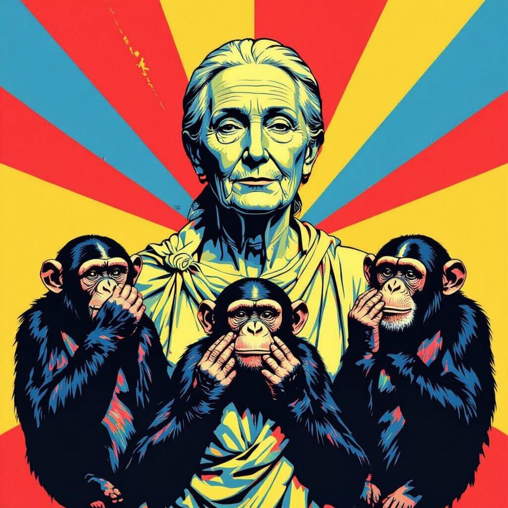 Pop Art Jane Goodall Statue With Chimpanzees in Triadic Colo...