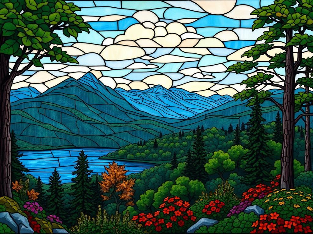 A Luminous Stained Glass Landscape in the Hudson River Style
