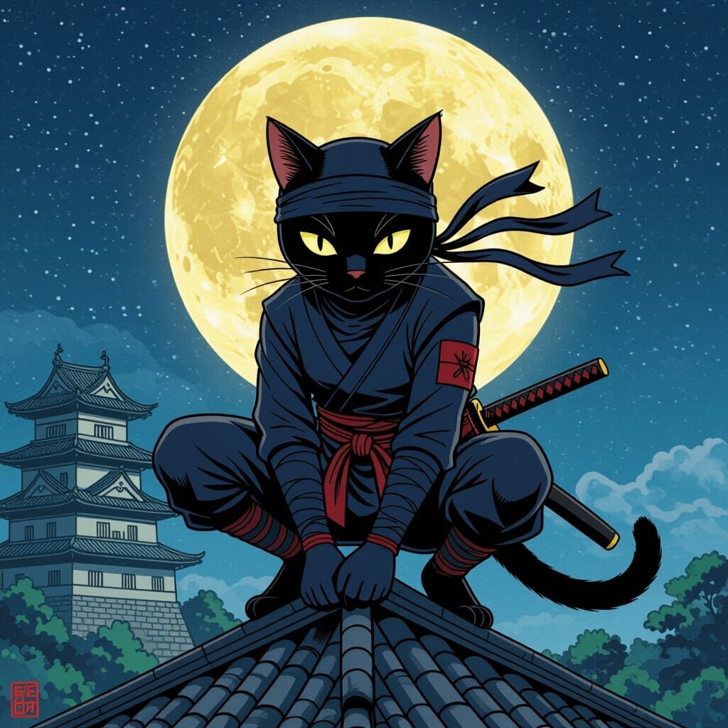 Ninja Cat Ready to Pounce in Ukiyo-e Style