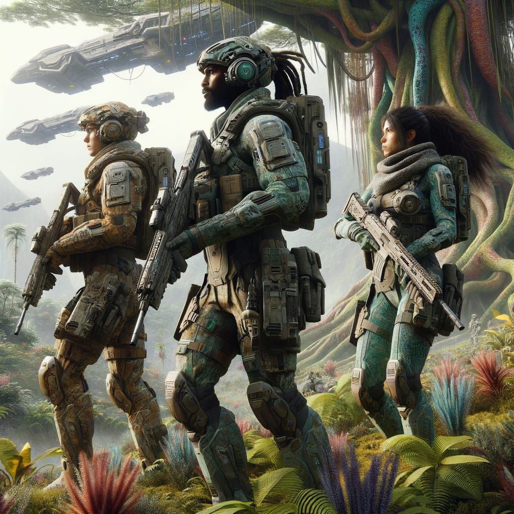 Diverse Space Commandos in Stealth Mode in Alien Jungle