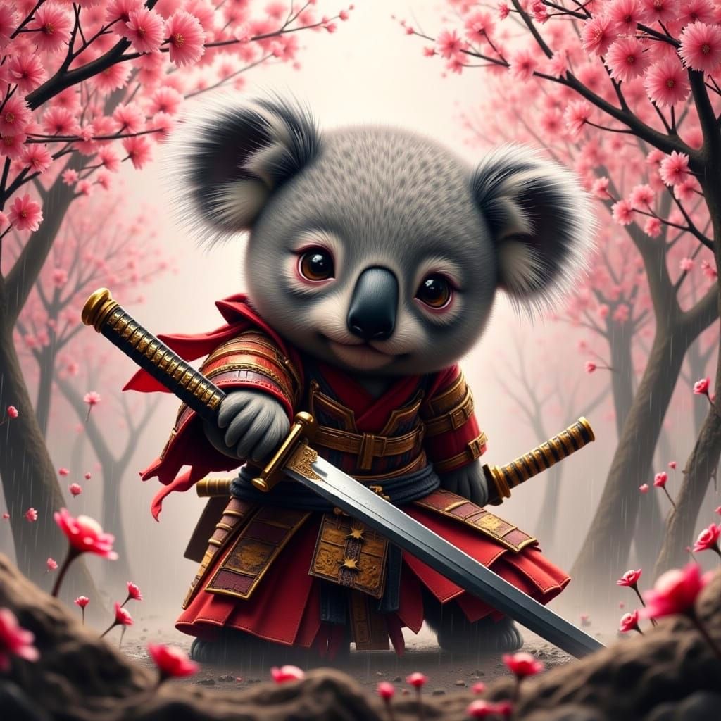 Cherry Blossom Samurai Koala Trains in Honor