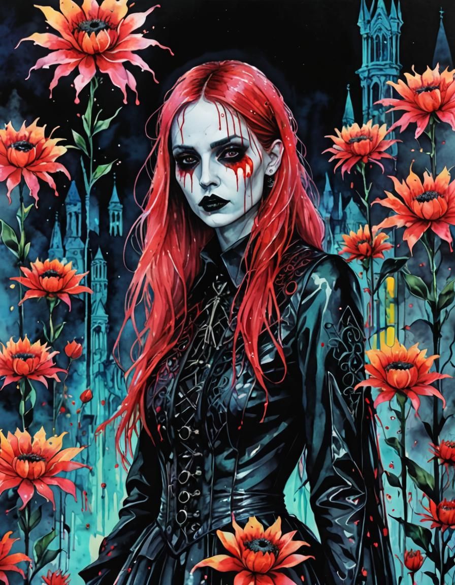 Surrealistic Gothic Woman in Neon-Lit Rainy Night