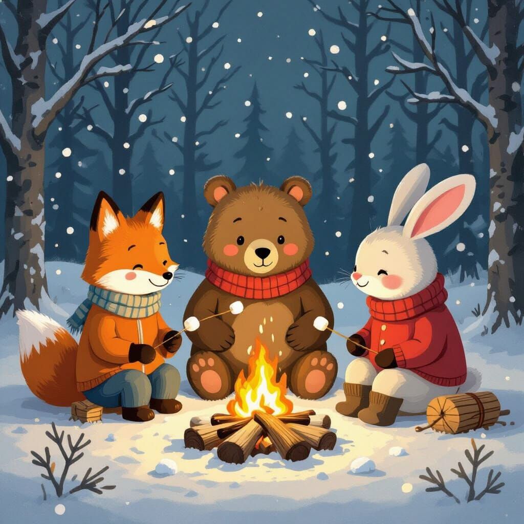 Anthropomorphic Animals Share Stories Around Campfire