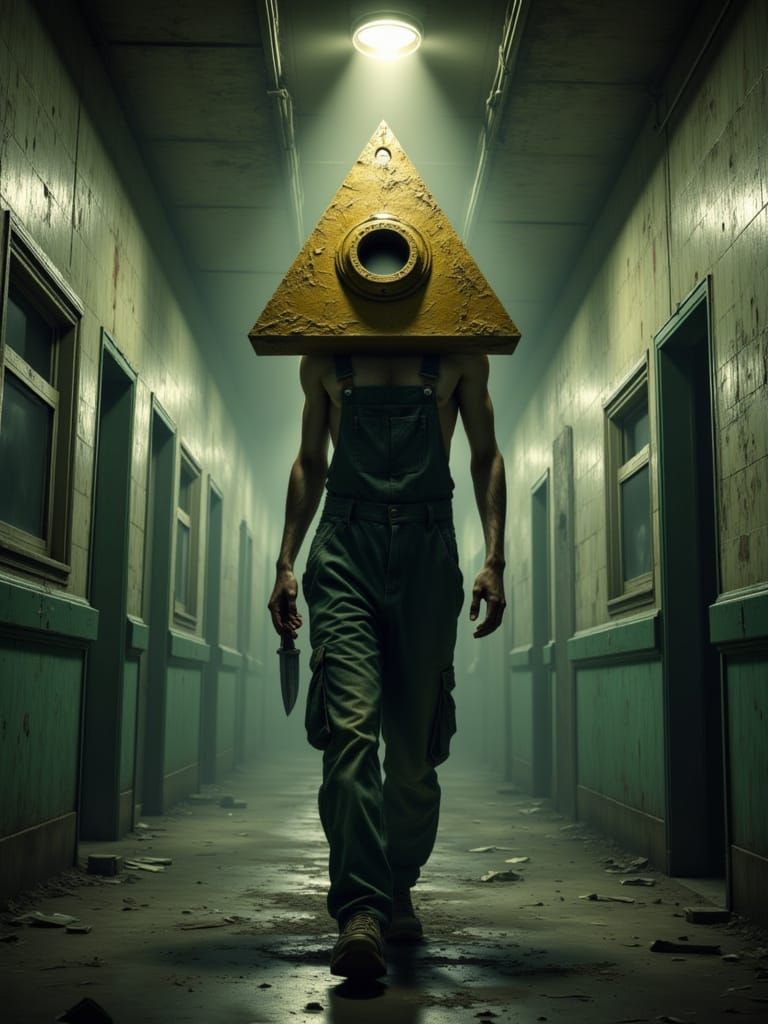 Golden Pyramid Man With Knife in Chipped Hospital