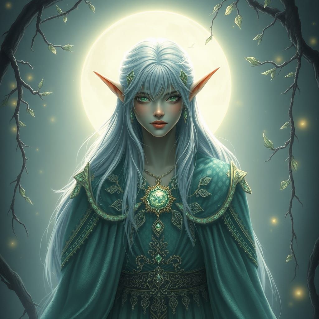 Ethereal Elven God in Moonlit Landscape