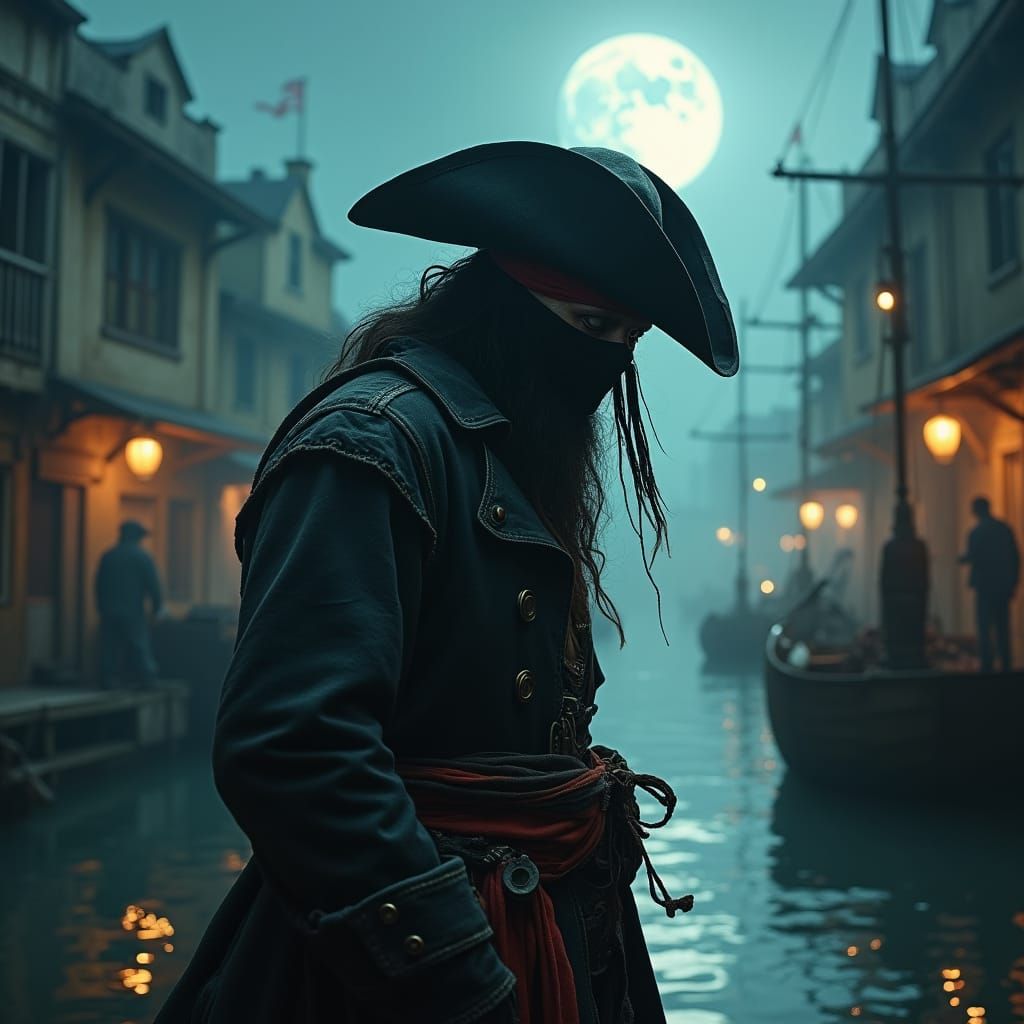 Dark Pirate in Moonlit Caribbean Port